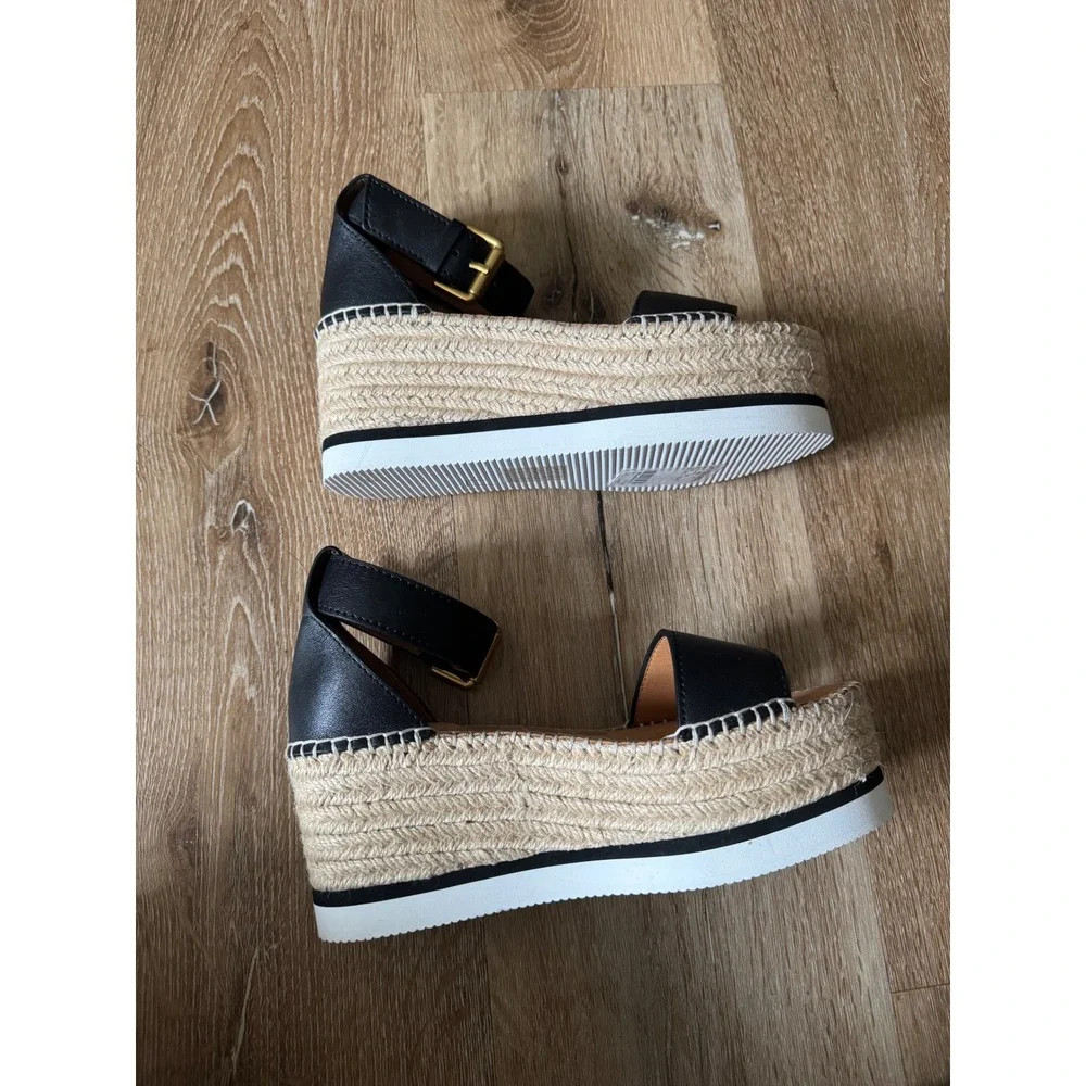 See By Chloe NWOT Glyn Black Leather Platform Espadrilles Wedge Sandals‎ Size 36